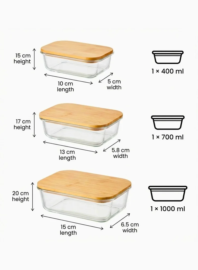 1Chase Rectangular Borosilicate Rectangular Glass Food Storage Containers with Bamboo Lids, Airtight Meal Prep Set 400ML 700ML 1000ML  | Best Price UAE